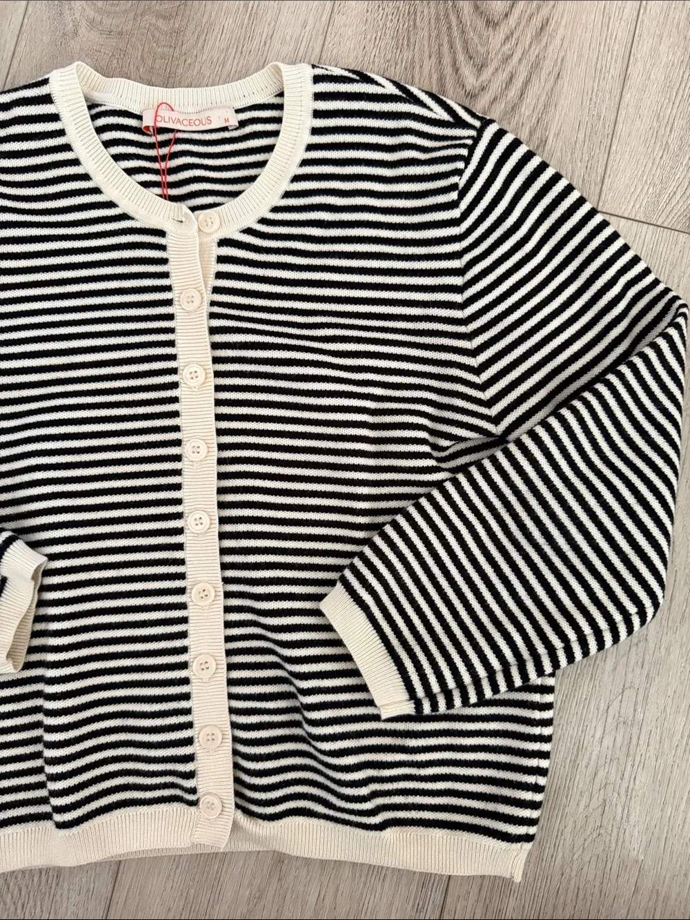 Olivaceous Black & Cream Stripe Button Cardigan Sweater Medium NWOT